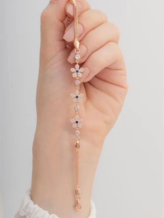 Kadın Gümüş Bileklik -  Zirkon Taşlı Rose 5 Yapraklı Yonca Gümüş Bileklik