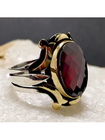 Kırmızı Zirkon Taşlı Otantik Tasarım Erkek Gümüş Yüzük