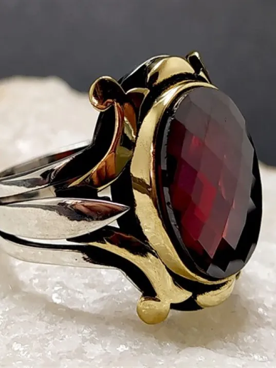 Kırmızı Zirkon Taşlı Otantik Tasarım Erkek Gümüş Yüzük