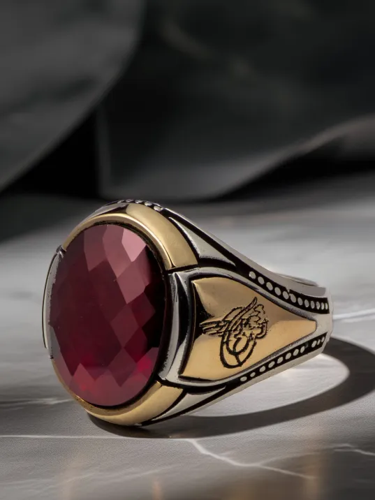Erkek Kırmızı Yakut Taşlı Yanı Tuğra İşlemeli İnce Kibar 925 Ayar Gümüş Yüzük