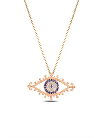 Zirkon Taşlı Rose Nazarlıklı Göz Model Gümüş Kadın Kolye GKLGOZMODL3-ROS