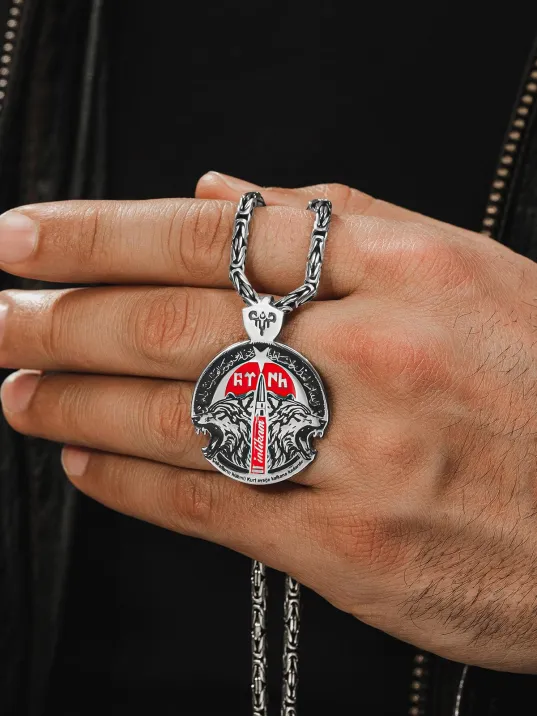 Erkek Gümüş Kolye - İntikam Yemini İşlemeli Bozkurt Model Kral Zincirli Erkek Kolye