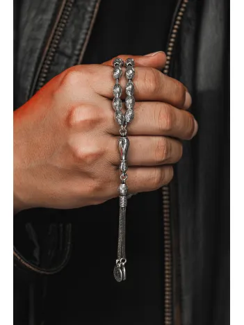 Erkek Tesbih - Şahika Oksitli 925 Ayar Gümüş Erkek Tespih Orta Boy 28gr