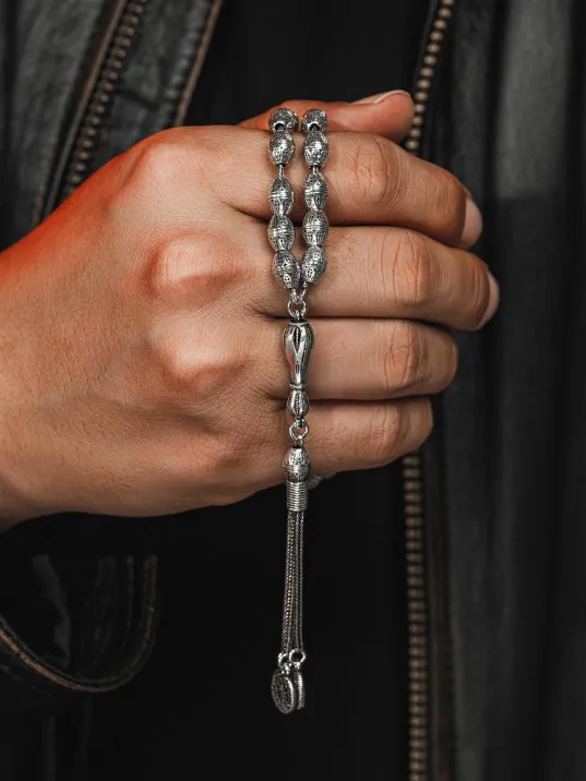 Erkek Tesbih - Şahika Oksitli 925 Ayar Gümüş Erkek Tespih Orta Boy 28gr