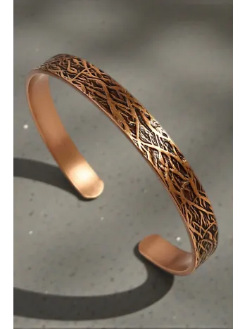 Erkek Kadın Bakır Bileklik - Ayetel Kürsi Dualı Dalgalı Ağaç Kabuğu Desenli Bakır Bilezik