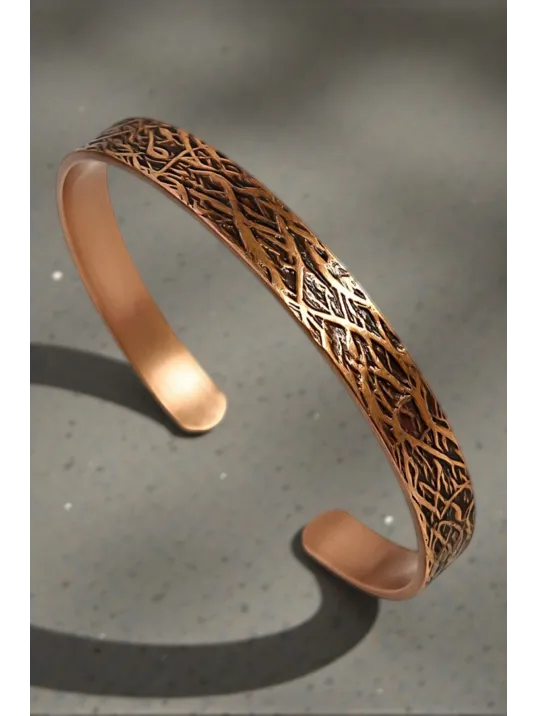 Erkek Kadın Bakır Bileklik - Ayetel Kürsi Dualı Dalgalı Ağaç Kabuğu Desenli Bakır Bilezik