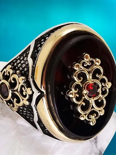 Otantik Tasarım Kırmızı Taşlı Erkek Gümüş Yüzük
