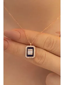 Kare Baget Taşlı Kadın Gümüş Kolye Zincir GKLKRBGTM1D-ROS-Rose (bronz)