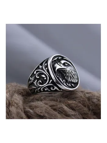 Kartal Figürlü Yanı Işlemeli Özel Seri Erkek Gümüş Yüzük