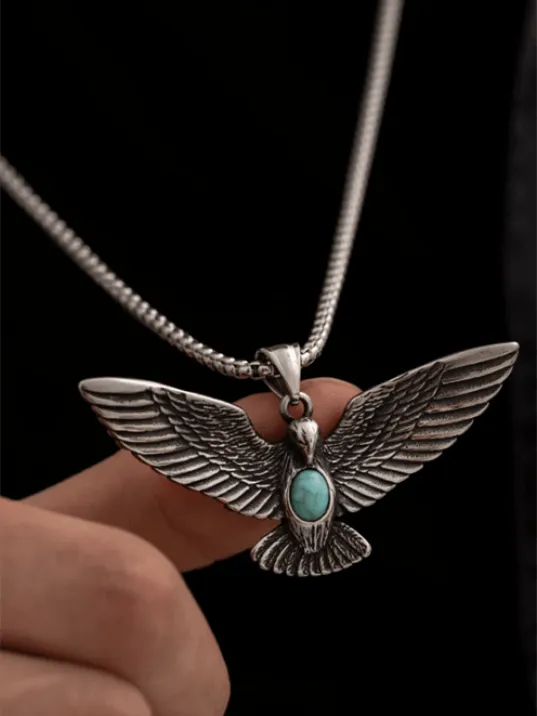 Erkek Kolye - Kartal Motifli Turkuaz Taşlı Erkek Çelik Kolye - 316 L Paslanmaz Çelik