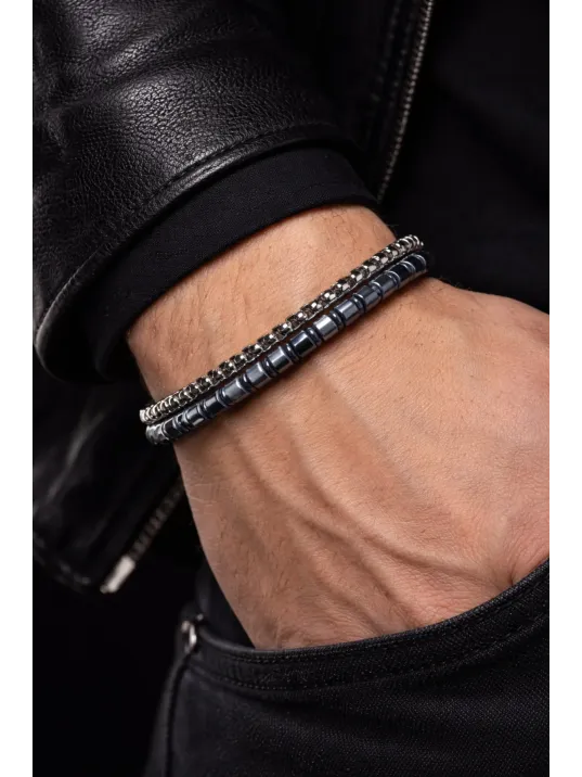 Erkek Çelik Bileklik - Çift Sıra Polo Zincir Doğal Hematit Taşlı Çelik Bilezik