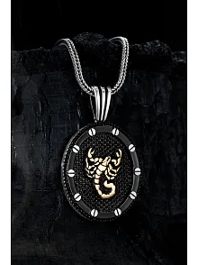 Erkek Gümüş Kolye - Siyah Oval Model Akrep Motifli Erkek Kolye