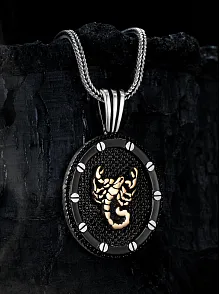 Erkek Gümüş Kolye - Siyah Oval Model Akrep Motifli Erkek Kolye