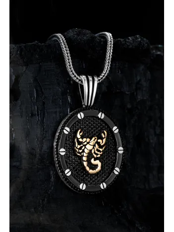 Erkek Gümüş Kolye - Siyah Oval Model Akrep Motifli Erkek Kolye