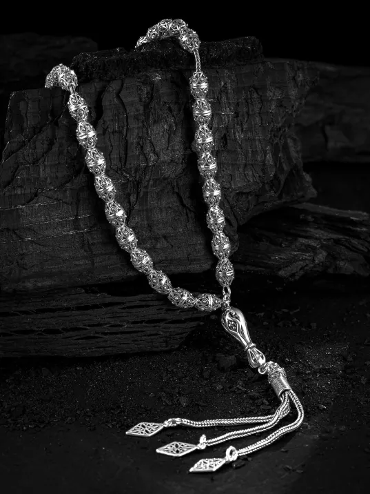 Erkek Tesbih - Nazende Oksitli 925 Ayar Gümüş Erkek Tespih Orta Boy 25gr