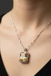 Kadın Gümüş Kolye - Kare Model Sarı Şampanya Zirkon Taşlı Kadın Gümüş Kolye