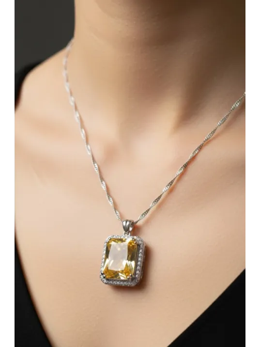 Kadın Gümüş Kolye - Kare Model Sarı Şampanya Zirkon Taşlı Kadın Gümüş Kolye