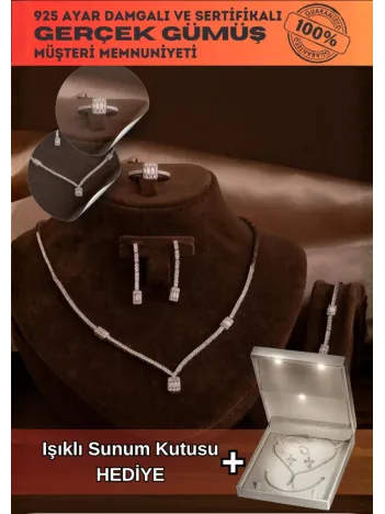 Kadın Gümüş Takı Seti - Feride Baget Taşlı Kolye, Bileklik, Yüzük, Küpe Tam Set
