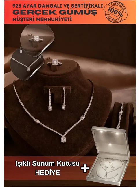 Kadın Gümüş Takı Seti - Feride Baget Taşlı Kolye, Bileklik, Yüzük, Küpe Tam Set