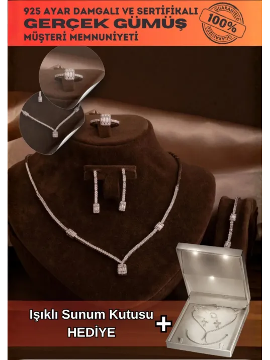 Kadın Gümüş Takı Seti - Feride Baget Taşlı Kolye, Bileklik, Yüzük, Küpe Tam Set