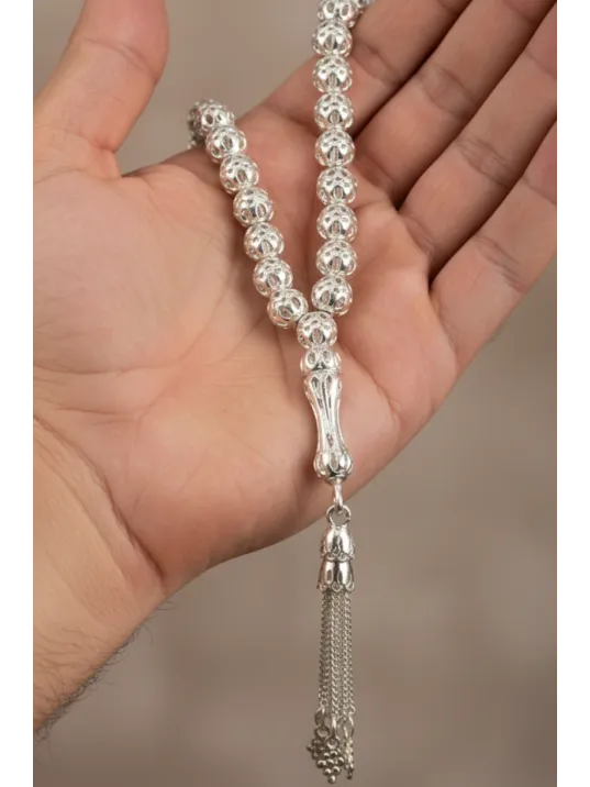 Erkek Gümüş Tespih - 925 Ayar Model Delikli Parlak Küre Üzüm Detaylı Kesim Tesbih Bilek Boy