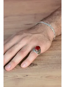 Kırmızı Zirkon Topaz Taşlı Yanı Figür Ve Taş İşlemeli Erkek Gümüş Yüzük GYZZRCKRIMZ-KRM