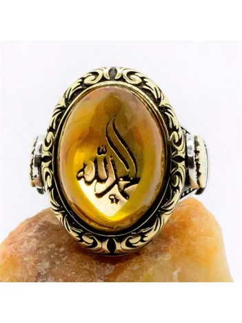 Elhamdülillah Yazılı Tuğralı Sıkma Kehribar Taşlı Gümüş Erkek Yüzük