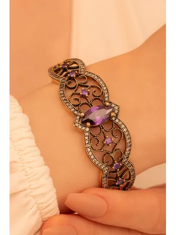 Kadın Gümüş Bileklik - Ametist Ve Zirkon Taşlı Otantik Gümüş Kelepçe Bileklik
