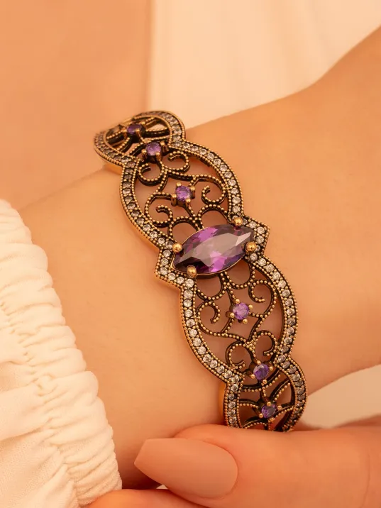 Kadın Gümüş Bileklik - Ametist Ve Zirkon Taşlı Otantik Gümüş Kelepçe Bileklik