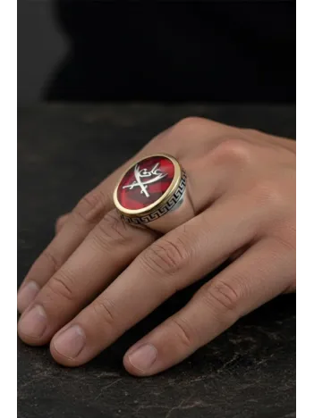 Erkek Gümüş Yüzük - Çift Zülfikar Kılıcı Ve Tuğra İşlemeli Yakut Taşlı Grek Desenli Gümüş Yüzük