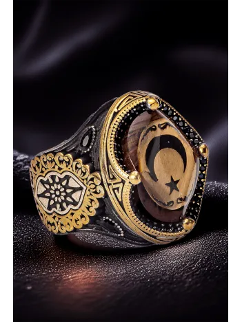 Erkek Sıkma Kehribar Taşlı Ay Yıldız İşlemeli  Gümüş Yüzük