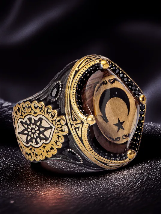 Erkek Sıkma Kehribar Taşlı Ay Yıldız İşlemeli  Gümüş Yüzük