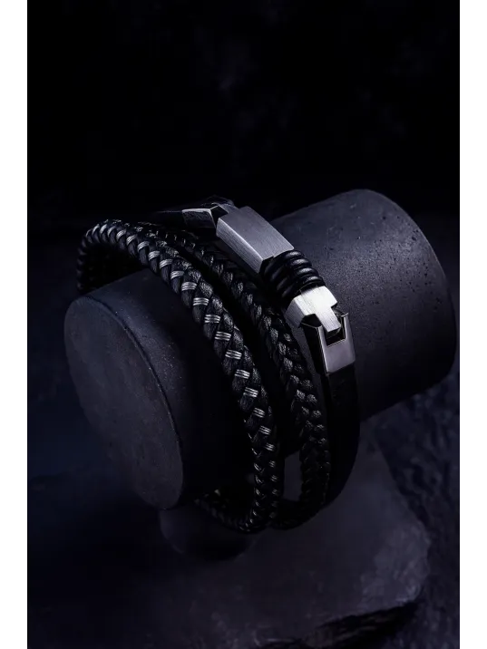 Erkek Çelik Bileklik - 3 Sıra Deri Örgü Model Erkek Bileklik