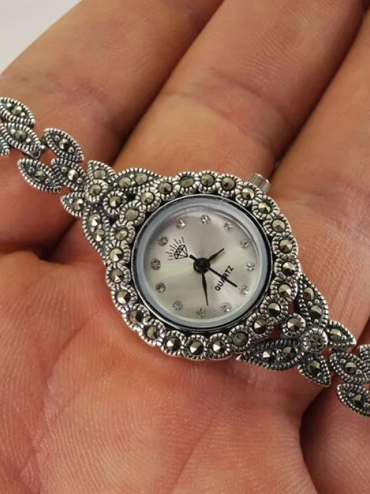 Bayan Gümüş Saat Markazit Taşlı Otantik Model