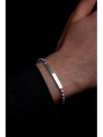 Erkek Gümüş Bileklik - Top Zincirli Siyah Zirkon Taşlı Blok Model Gümüş Bileklik