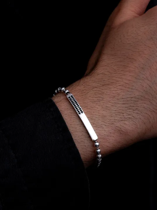 Erkek Gümüş Bileklik - Top Zincirli Siyah Zirkon Taşlı Blok Model Gümüş Bileklik