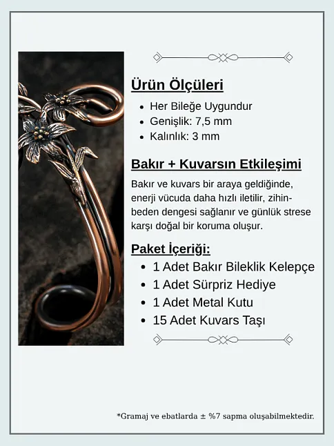 Nergiz Çiçeği Bakır Bileklik Bilezik Erkek Kadın Doğal Taşlar Ve Metal Kutulu