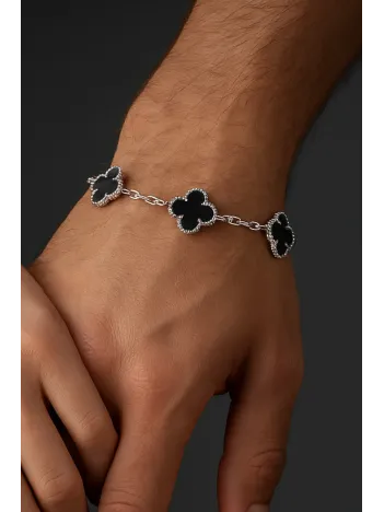 Erkek 925 Ayar Gümüş Siyah Oniks Taşlı Yonca Model Zincir Bileklik