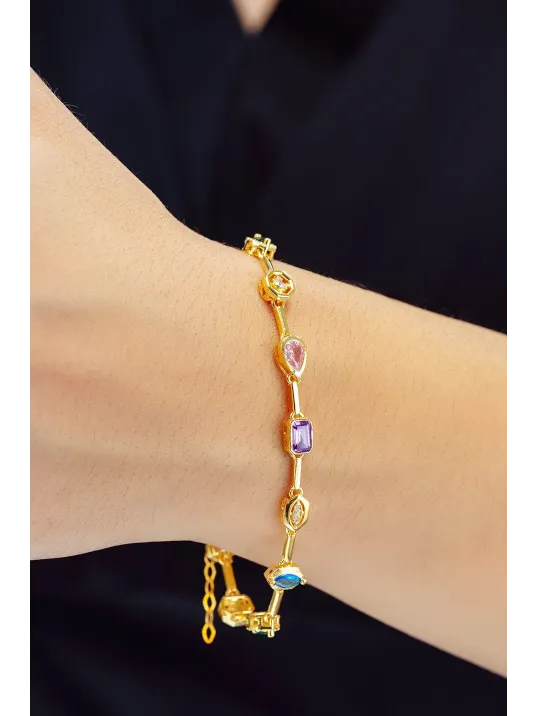 Kadın Renkli Taşlı Altın Kaplama Zarif 925 Ayar Gümüş Kolye Bileklik Set