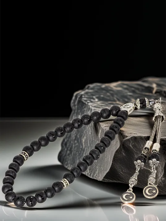 Erkek Doğal Taş Tespih - Doğal Zülfikar Kılıcı İşlemeli Siyah Oniks Taşlı Ortaboy Tesbih