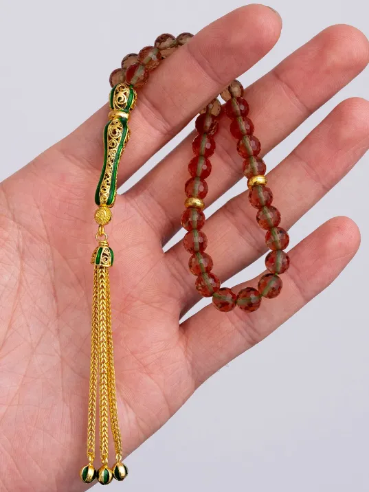 Doğal Taşlı Tespih - Gümüş Püskül Zultanit Taşlı Altın Kaplama Orta Boy Tesbih 7.2mm