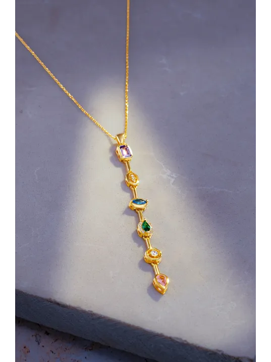 Kadın Renkli Taşlı Altın Kaplama Zarif 925 Ayar Gümüş Kolye Bileklik Set