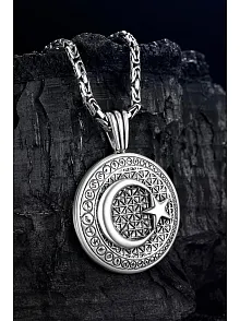 Erkek Gümüş Kolye - Hilal Ay Yıldız Kabartmalı Kral Zincirli Erkek Kolye