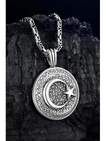 Erkek Gümüş Kolye - Hilal Ay Yıldız Kabartmalı Kral Zincirli Erkek Kolye