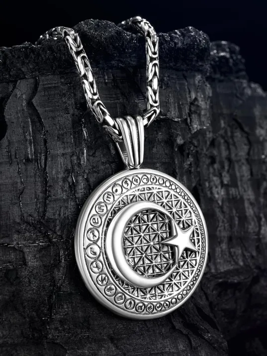 Erkek Gümüş Kolye - Hilal Ay Yıldız Kabartmalı Kral Zincirli Erkek Kolye