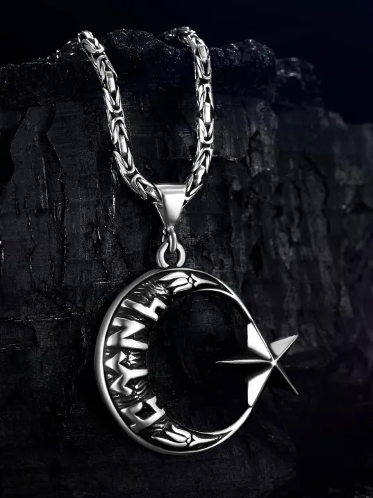 Erkek Gümüş Kolye - Göktürkçe Türk Yazılı Ay Yıldız Motifli Kral Zincirli Erkek Kolye Erkek Gümüş Kolye - Göktürkçe Türk Yazılı Ay Yıldız Motifli Kral Zincirli Erkek Kolye