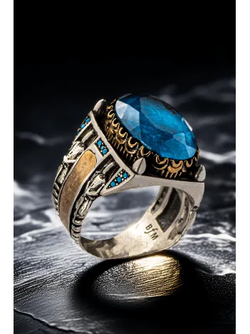 Erkek Mavi Zirkon Taşlı Gümüş Yüzük