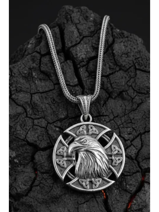 Erkek Gümüş Kolye - 925 Ayar Kabartmalı Kartal Kafası Motifli Tilki Kuyruğu Zincirli Erkek Kolye