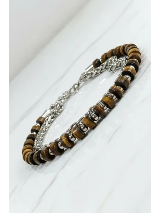 Erkek Çelik Bileklik - 2 Sıra Kahverengi Renkli Yuvarlak Kral Zincir Erkek Bileklik