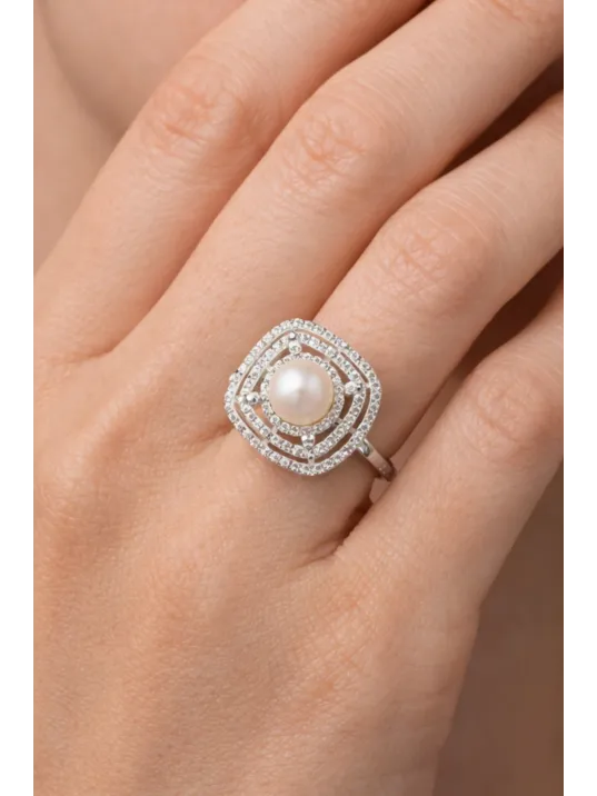 Kadın Gümüş Kolye Yüzük Küpe Set - Kare Model İnci Detaylı Kadın Gümüş Set